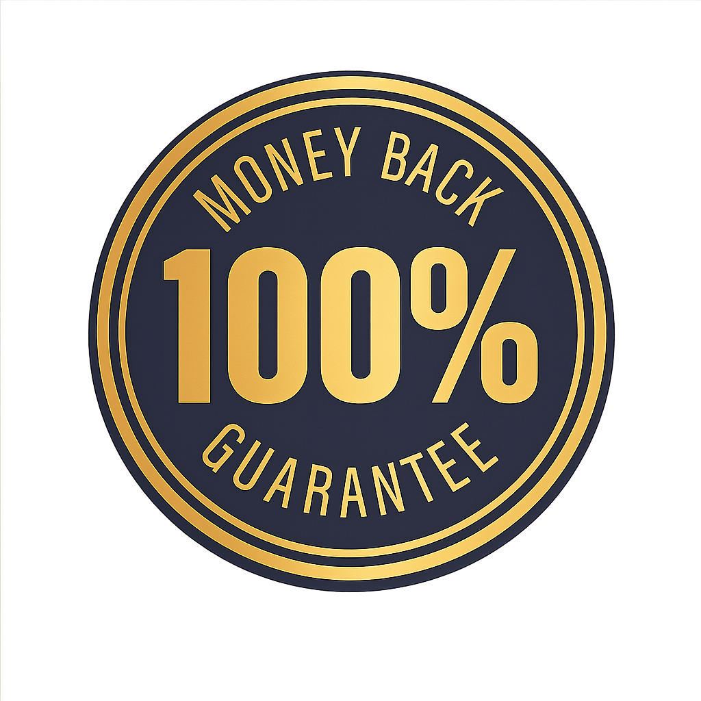 100 percent money back guarantee badge gold seal on transparent background