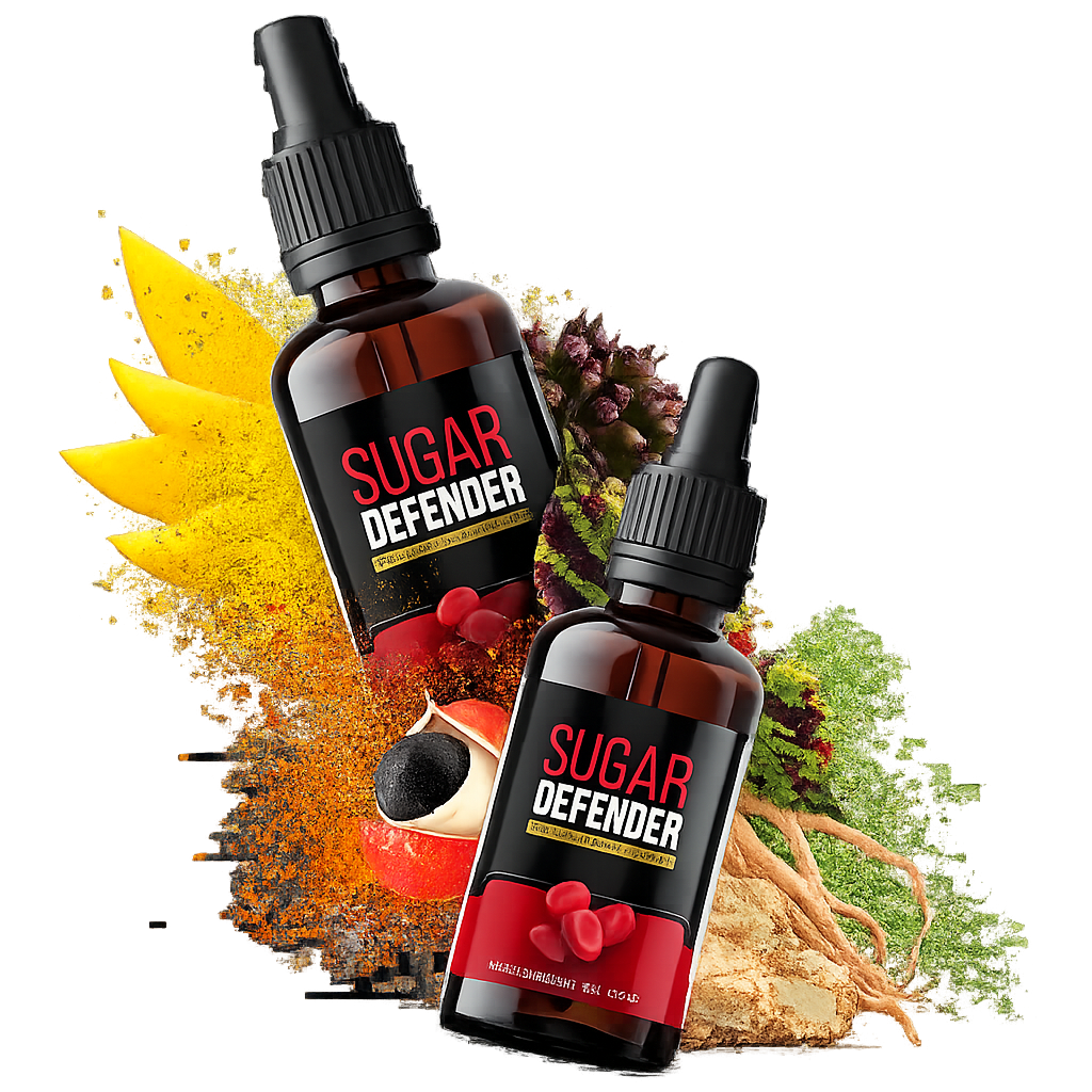 Sugar Defender 60ml blood sugar support dietary supplement bottles with natural ingredients isolated on transparent background