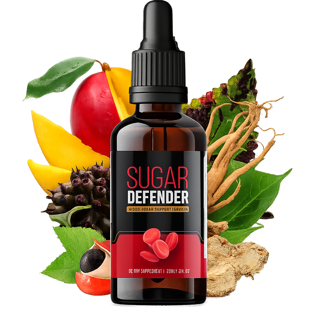 Sugar Defender blood sugar support formula 60ml dietary supplement bottle with natural ingredients isolated on transparent background
