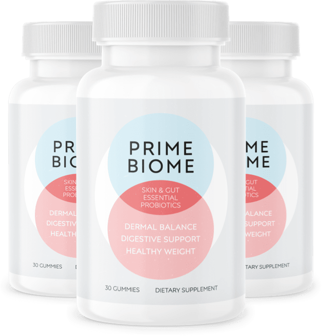 Prime Biome 3-bottle pack — 90 probiotic gummies for skin and gut health, dermal balance, digestive support and healthy weight